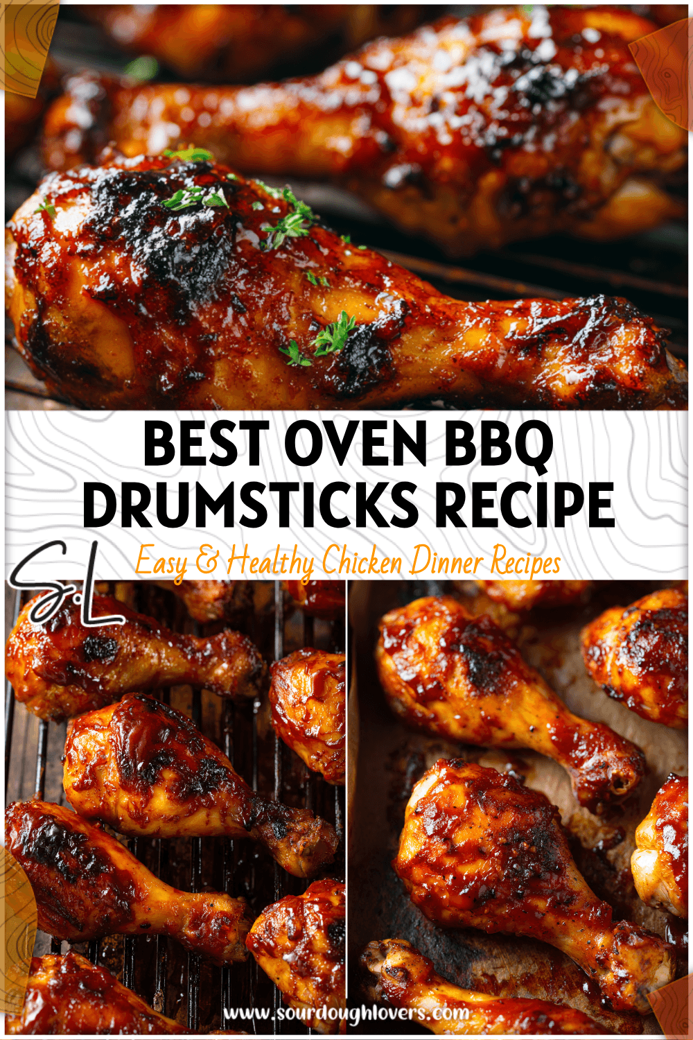 Golden Oven Baked Bbq Chicken Drumsticks with caramelized barbecue sauce on a tray and rack.